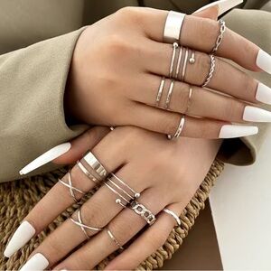 Silver Geometric Splice Minimalist Ring Set 16pc